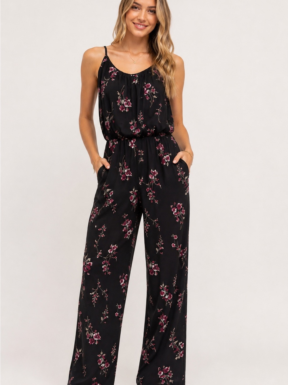 316. Kaileigh Black Jumpsuit with Pink Floral Print